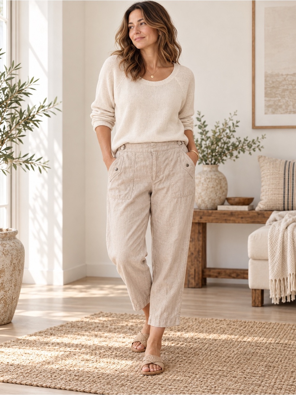 Athleta Neutral Linen-Blend Cropped Pants - Beige